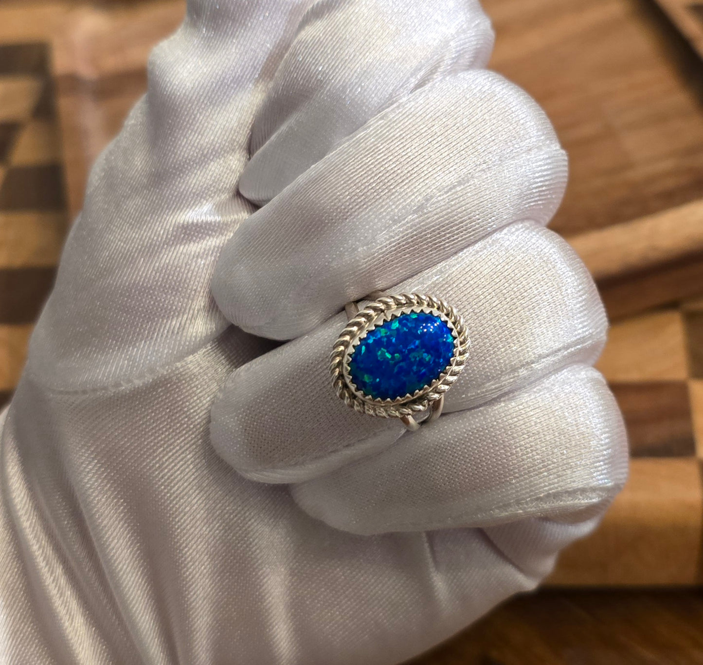 Man Made Blue Opal and Sterling Ring Size 7.5