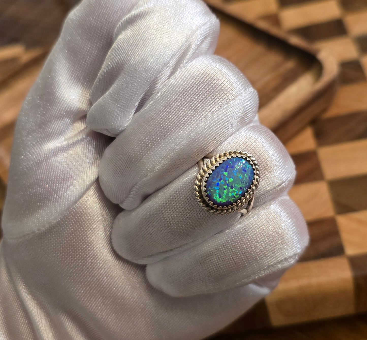 Man Made Lilac Opal and Sterling Ring Size 8