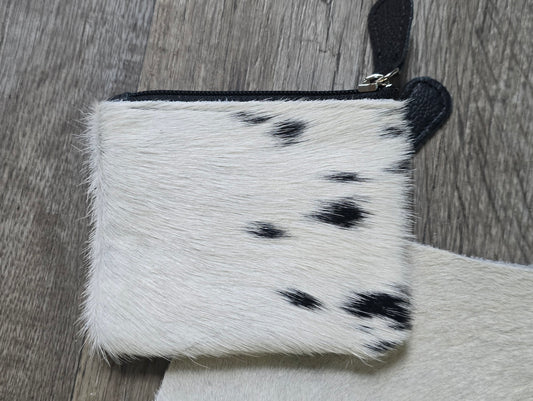 Double Zip Coin Pouch Black & White Hide