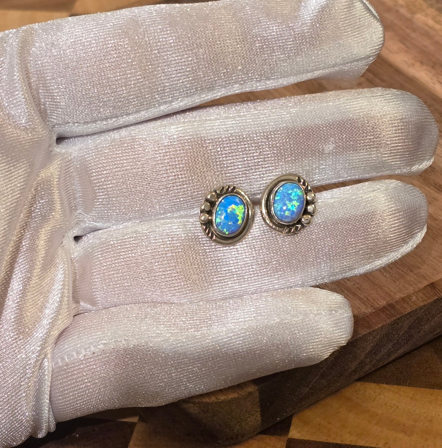 Man Made Light Blue Opal and Sterling Earrings