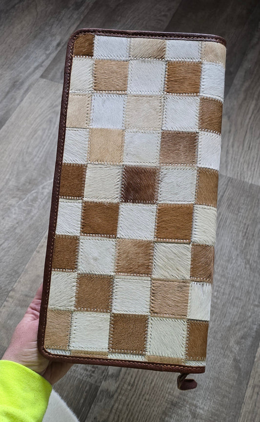Large Brown & White Hide Checkered Jewelry Wallet