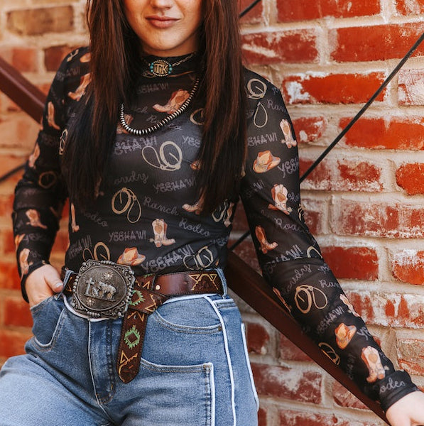 Black Rodeo Boots Long Sleeve Mesh Top