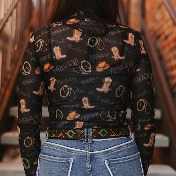 Black Rodeo Boots Long Sleeve Mesh Top