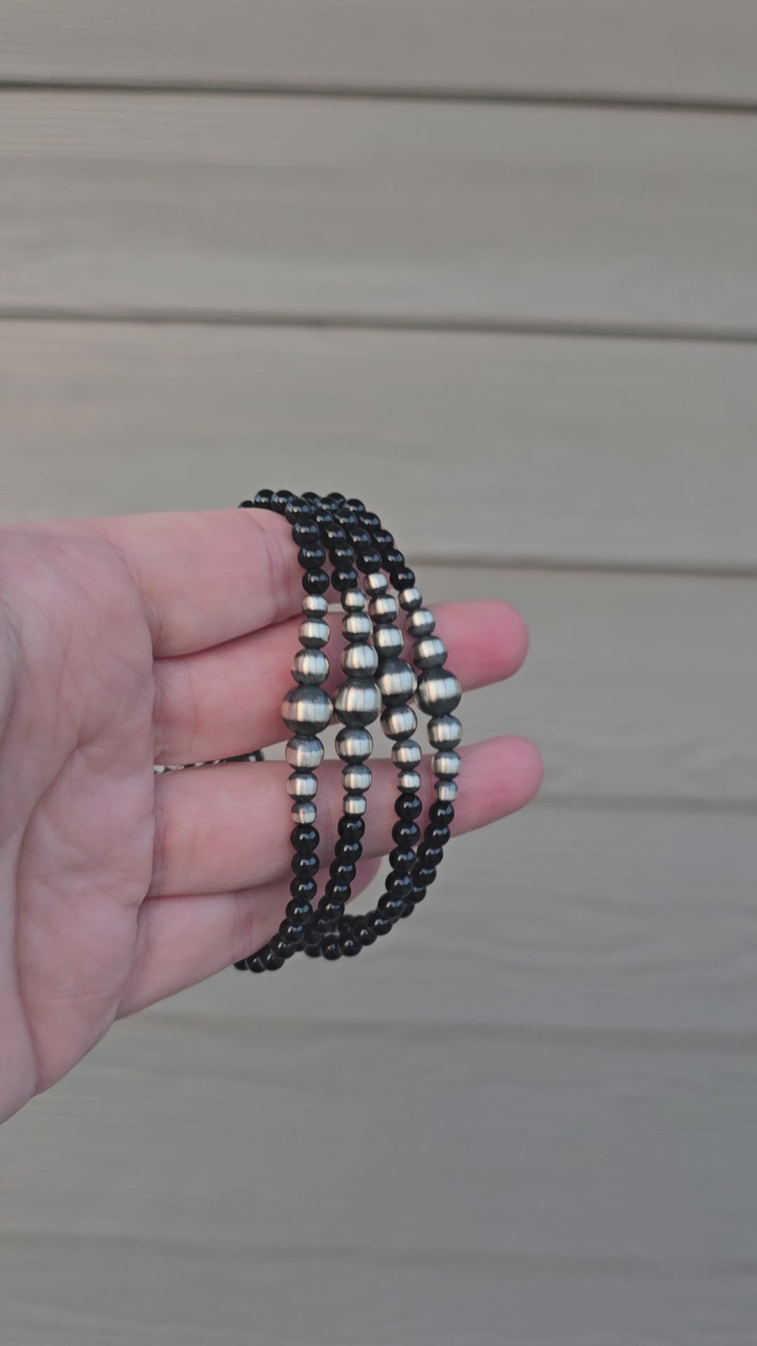 Black Onyx, 8mm, 6mm, 5mm & 4mm Sterling Pearls Bracelet 7.5 inches