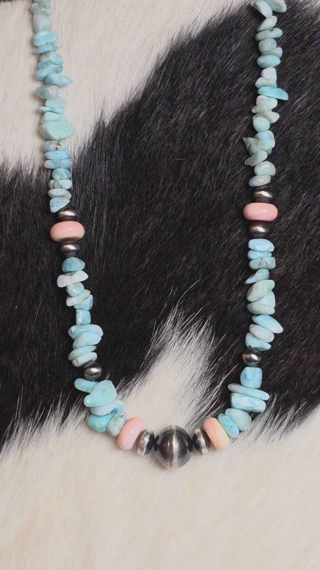 Navajo Pearl, Larimar, Pink Conch, Sterling Saucers & Sterling Pearls 14-16 inches