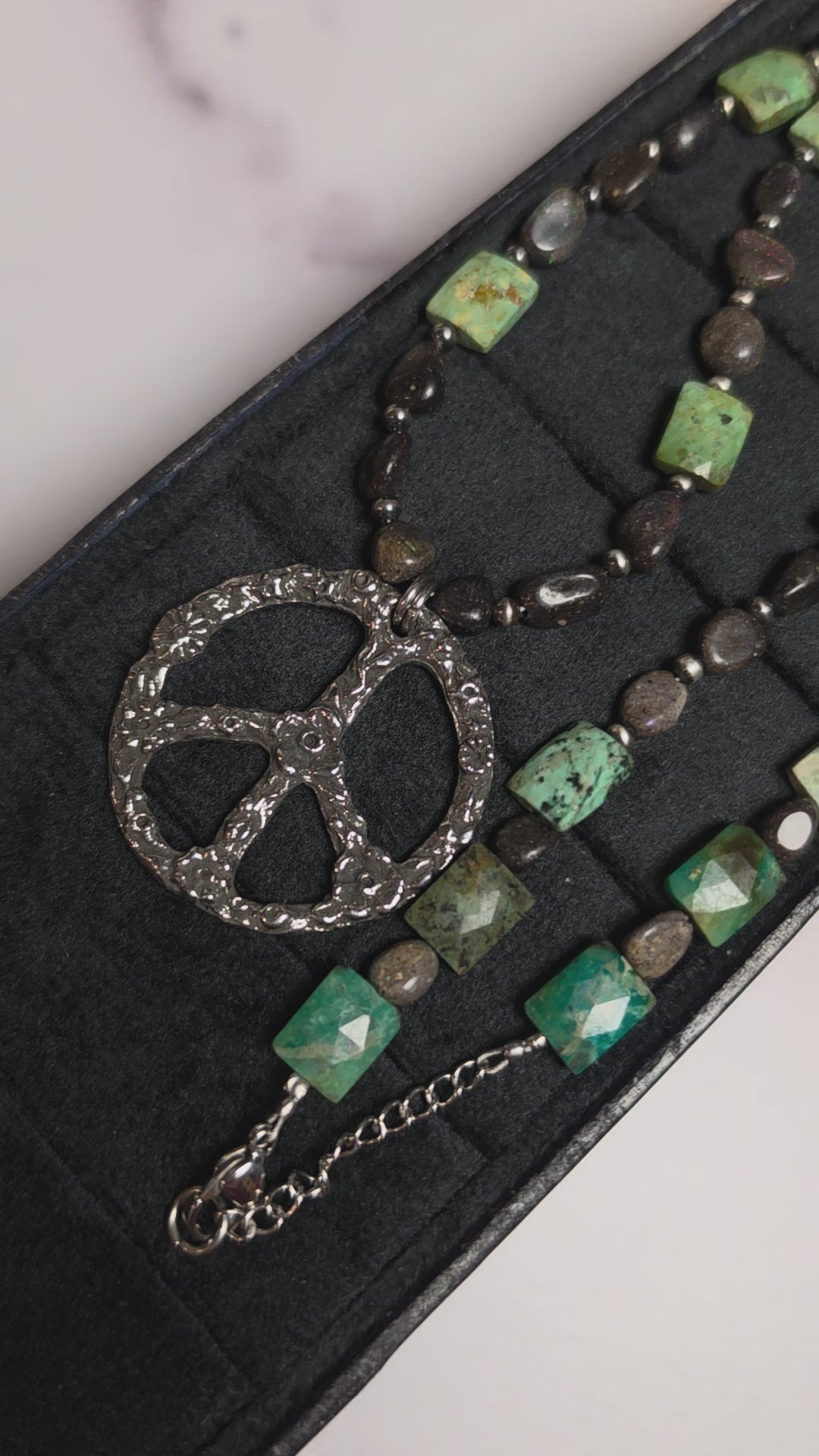 Peruvian Turquoise, Black Opal & Sterling Pearls Peace Necklace 22 inches
