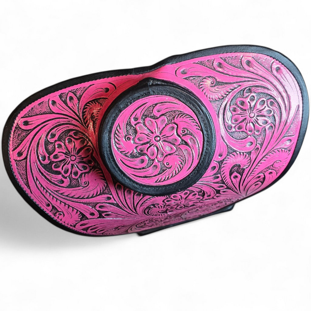 Pink Tooled Leather Necklace Display