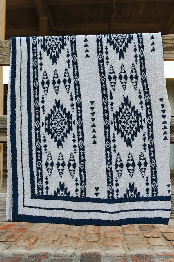 Lucky & Blessed Ivory & Blue Aztec Blanket