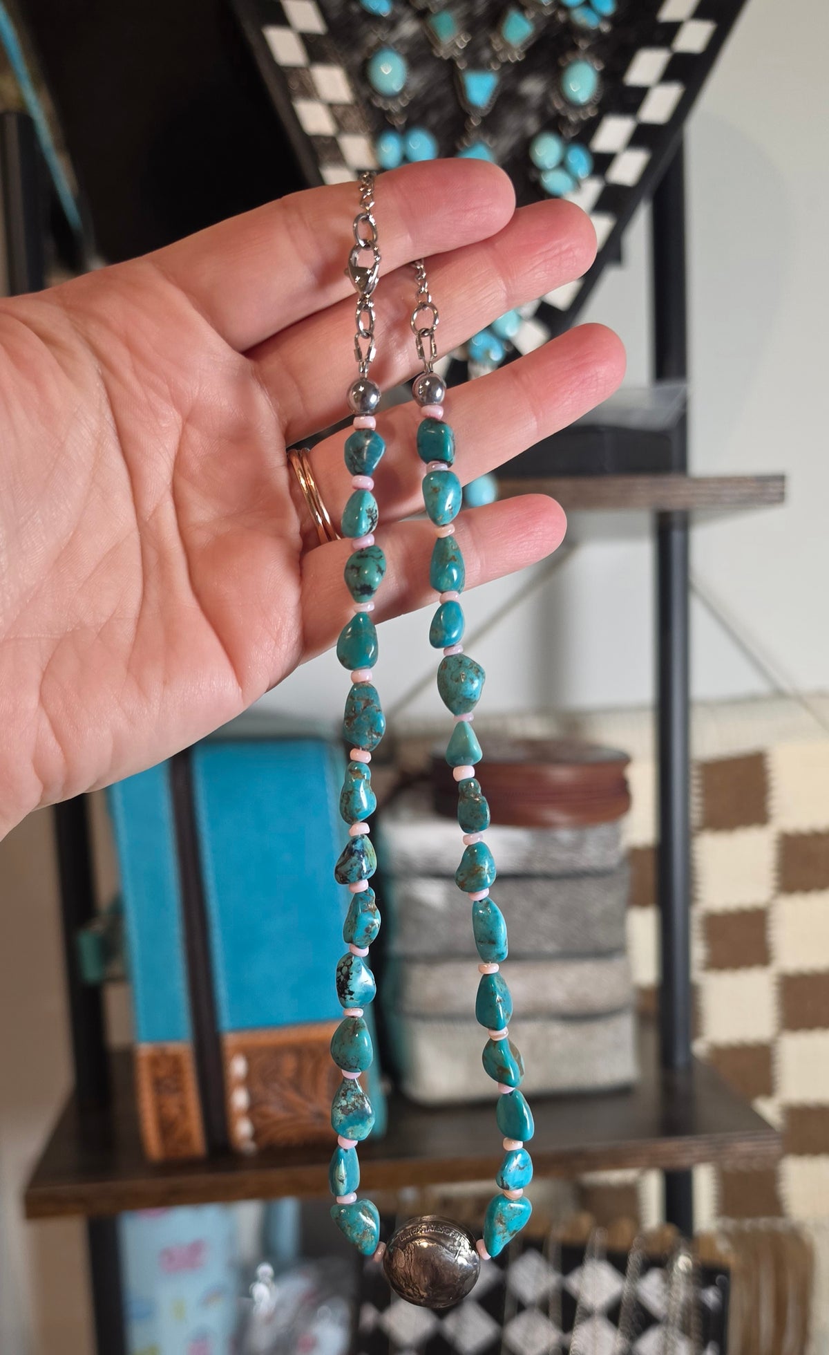 Turquoise, Pink Shell & Reversible Buffalo Nickel Necklace 16-18 inches