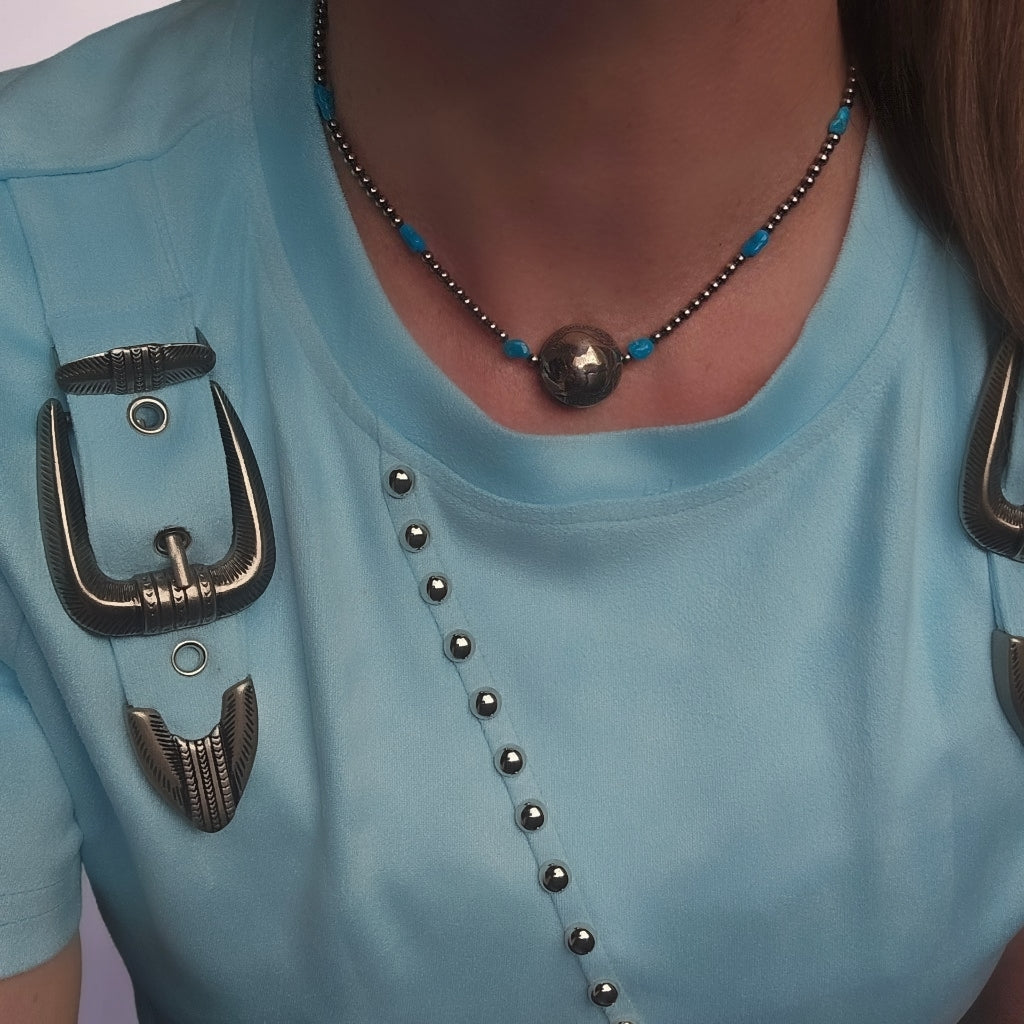 Turquoise, Sterling Pearls & Reversible Buffalo Nickel Necklace 15-16 inches