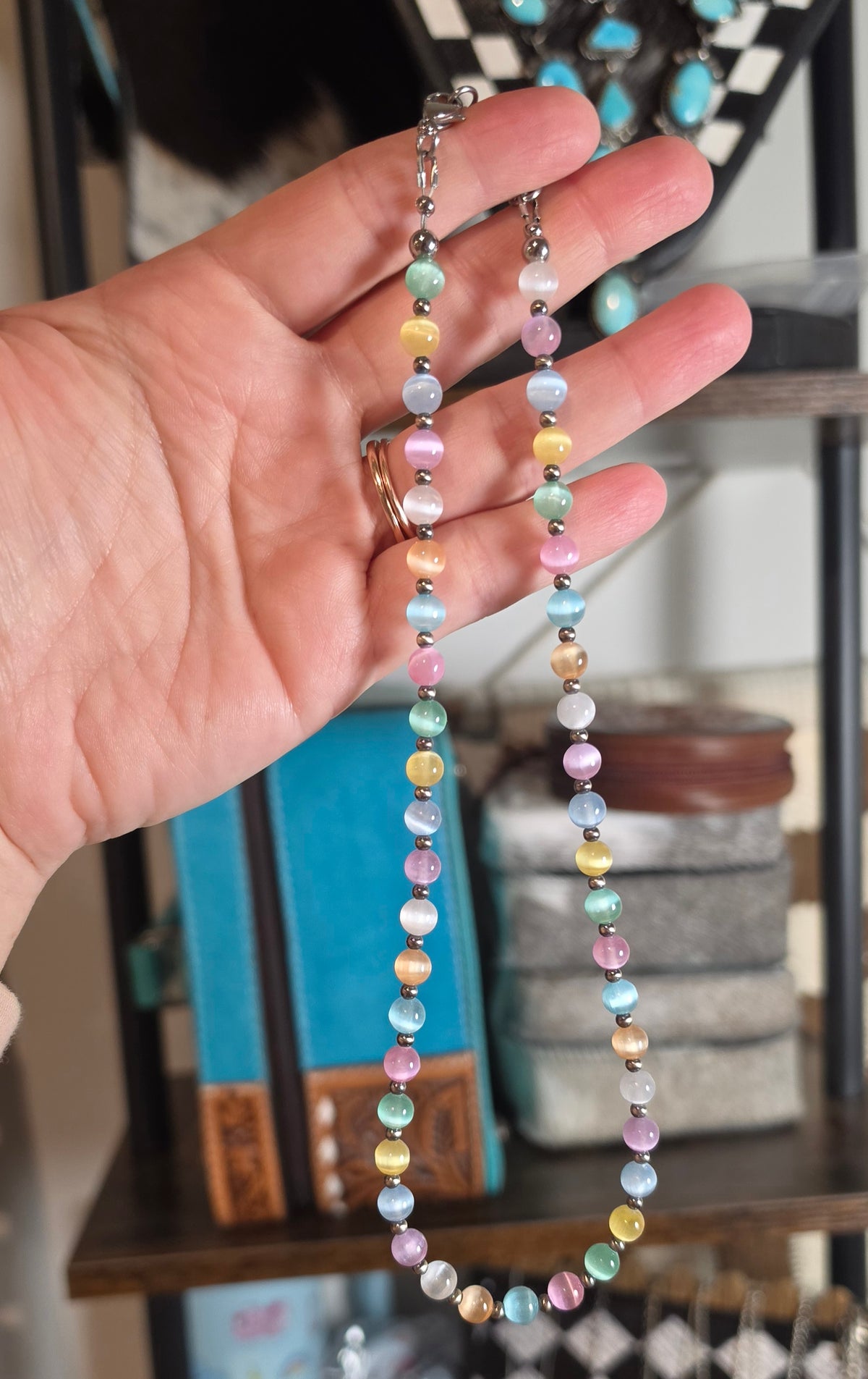 Sterling Pearls & Rainbow Selenite Necklace 17-18 inches