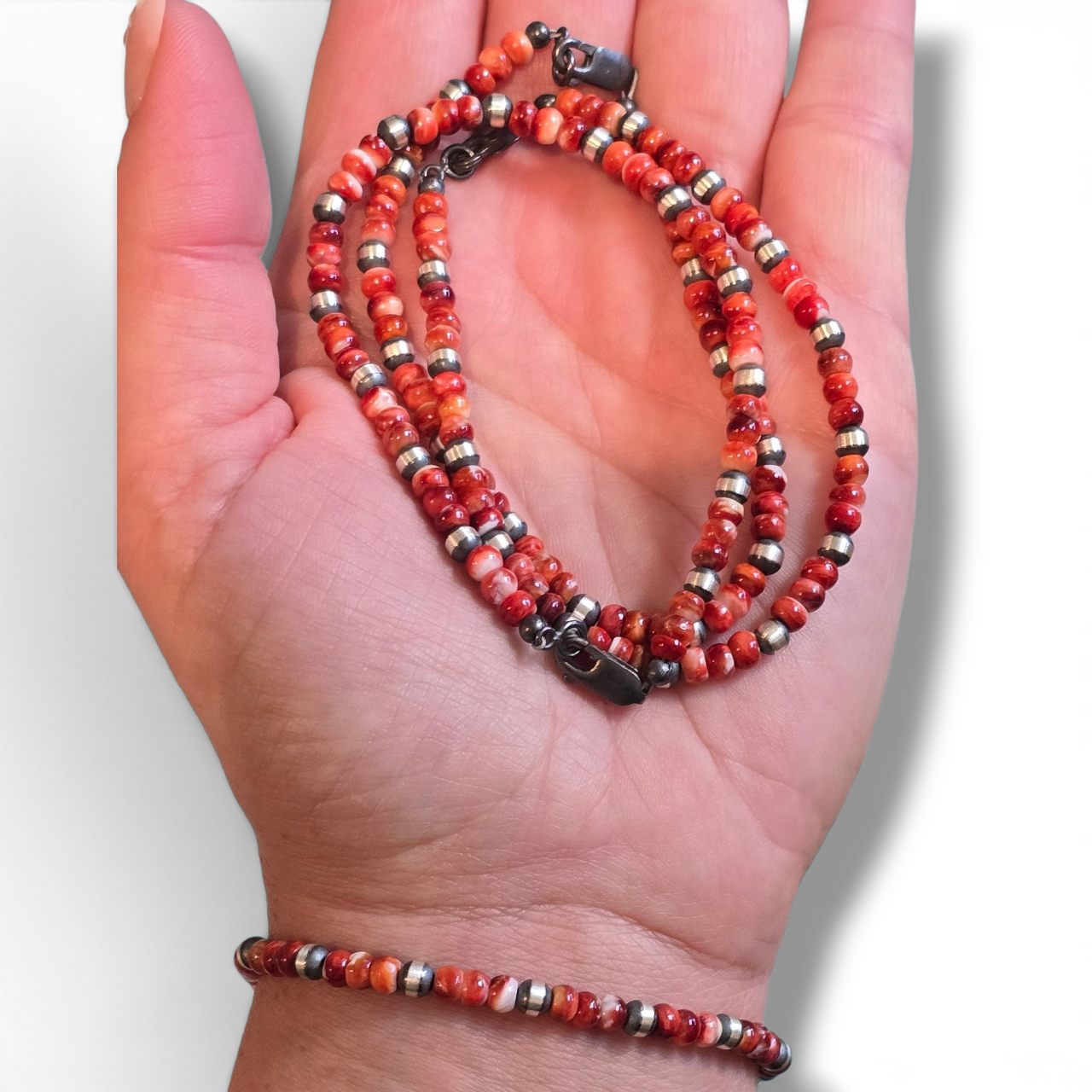Red Spiny & Sterling Pearl Bracelet 7 7/8 inches (lobster clasp)