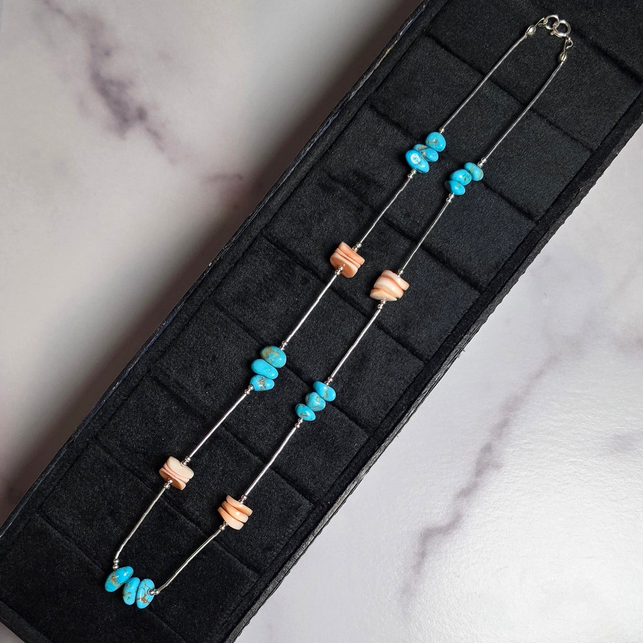 Kingman Turquoise, Pink Conch & Liquid Silver Necklace