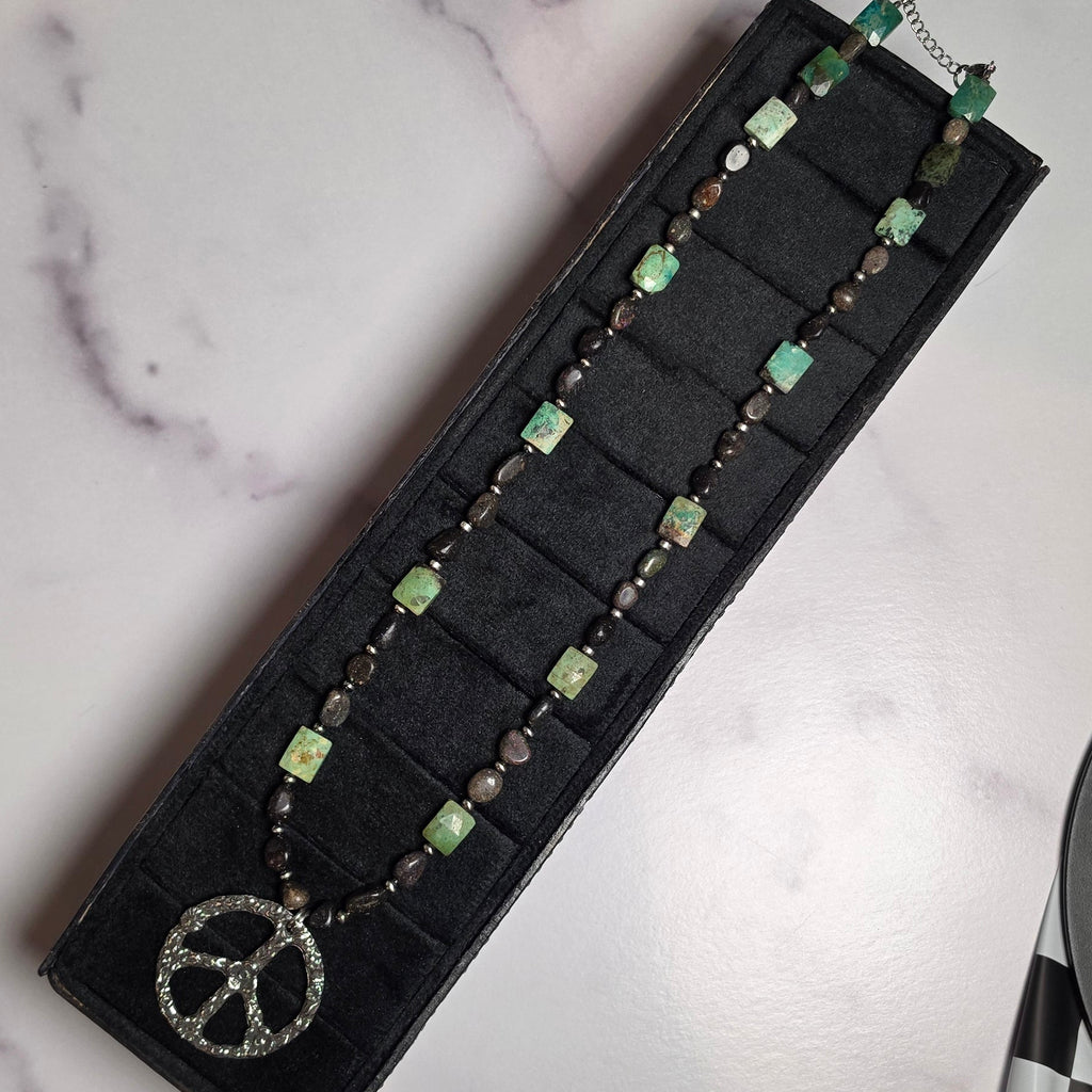 Peruvian Turquoise, Black Opal & Sterling Pearls Peace Necklace 22 inches