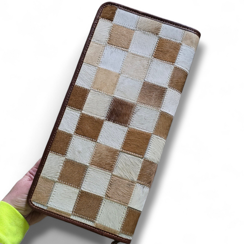 Large Brown/White Hide & Leather Checkered Jewelry Wallet