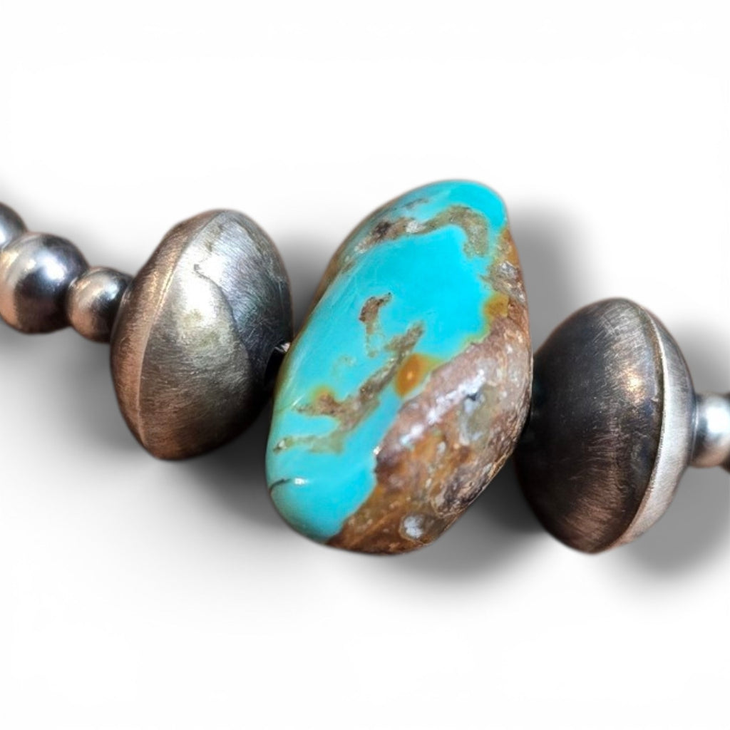 Two Center Navajo Pearls, Turquoise & Sterling Pearls Necklace 16-18 inches
