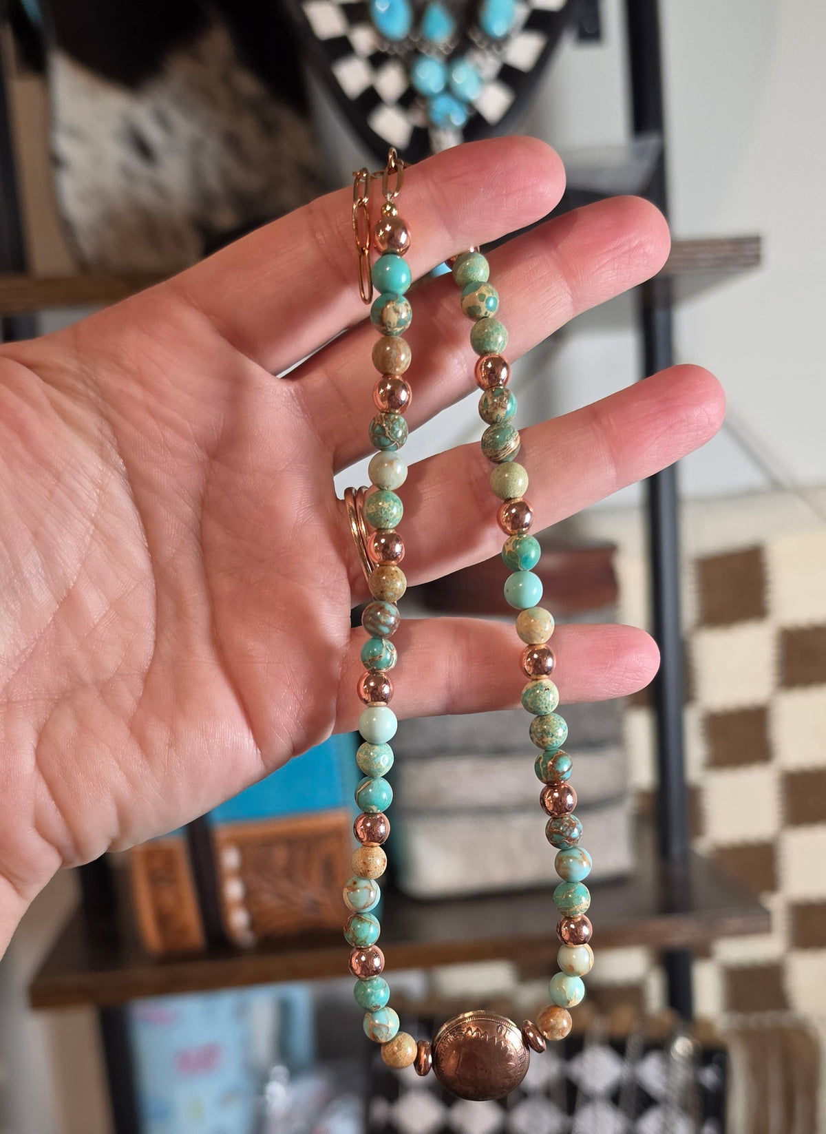 Sea Sediment, Rose Gold & Indian Head Penny Choker 14-15.5 inches
