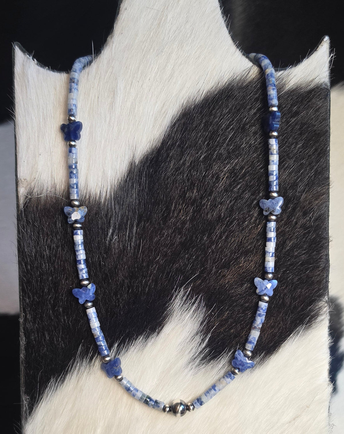 Sterling Pearls, Sodalite Heishi & Butterflies Necklace 17-18 inches