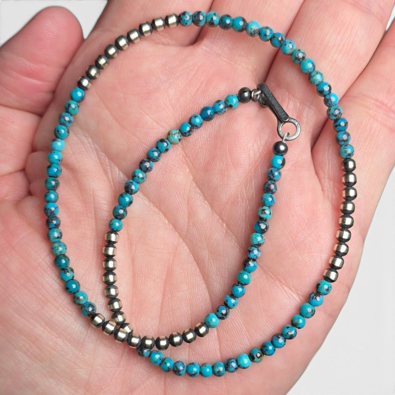 3mm Sterling Pearls & 3mm Turquoise Necklace 14 inches
