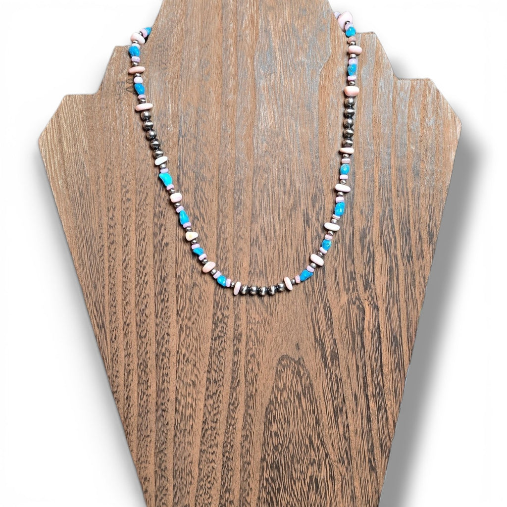 Pink Conch, Kingman Turquoise & Sterling Pearl Necklace 16 - 18  inches