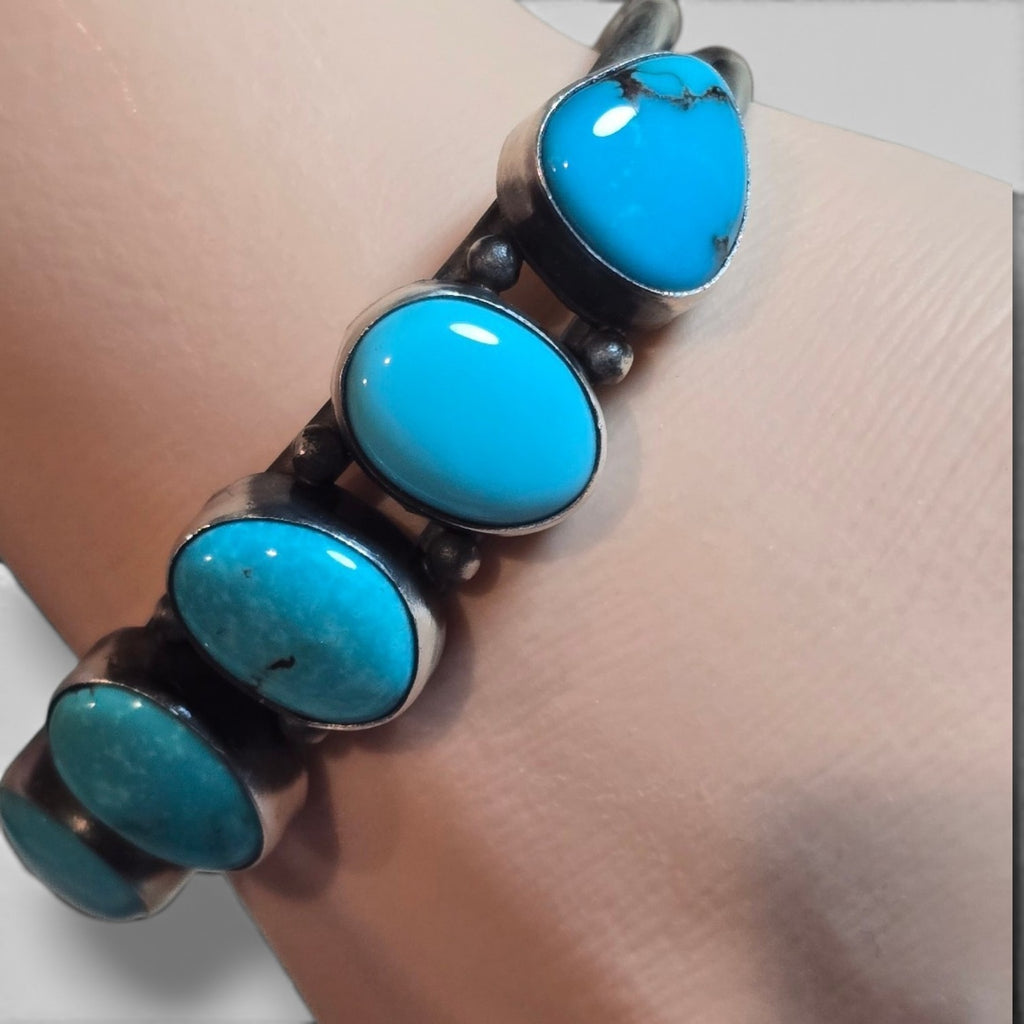 Native Made 5 Stone Kingman Turquoise & Sterling Cuff