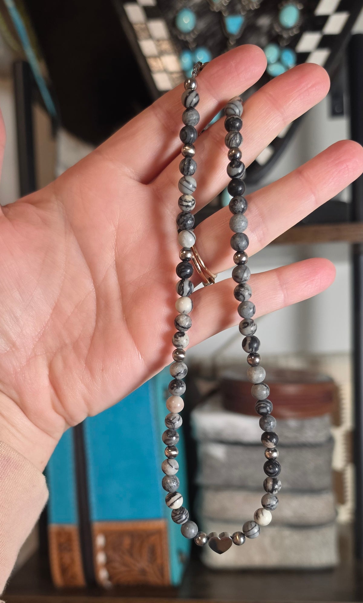 Sterling Pearls & Black Water Jasper Necklace 15-16 inches