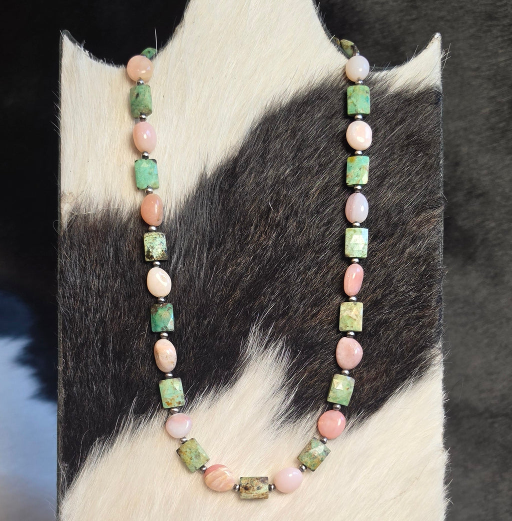 Pink Opal, Turquoise & Sterling Pearls Necklace 17-18 inches