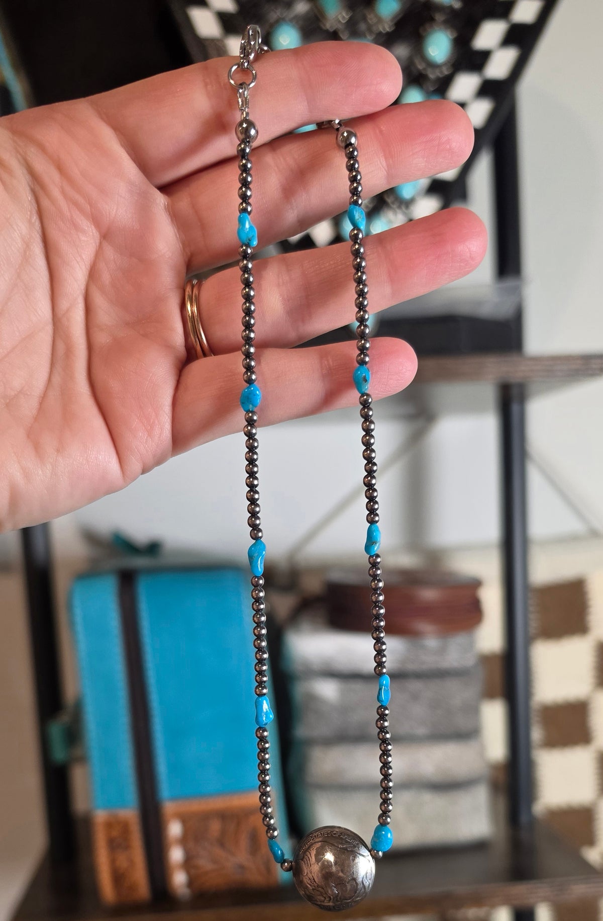 Turquoise, Sterling Pearls & Reversible Buffalo Nickel Necklace 15-16 inches