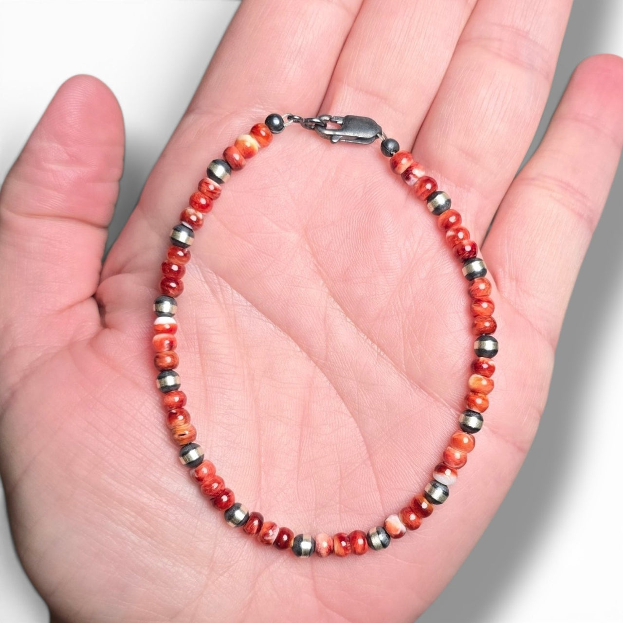 Red Spiny & 4mm Sterling Pearls Bracelet 7 7/8 inches