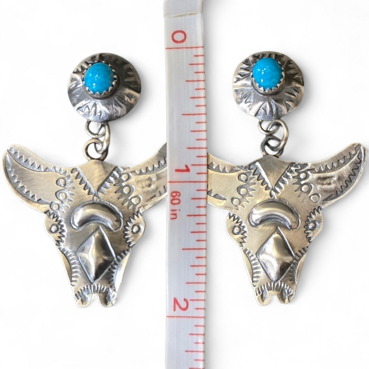 Turquoise Repoussé & Sterling Buffalo Earrings