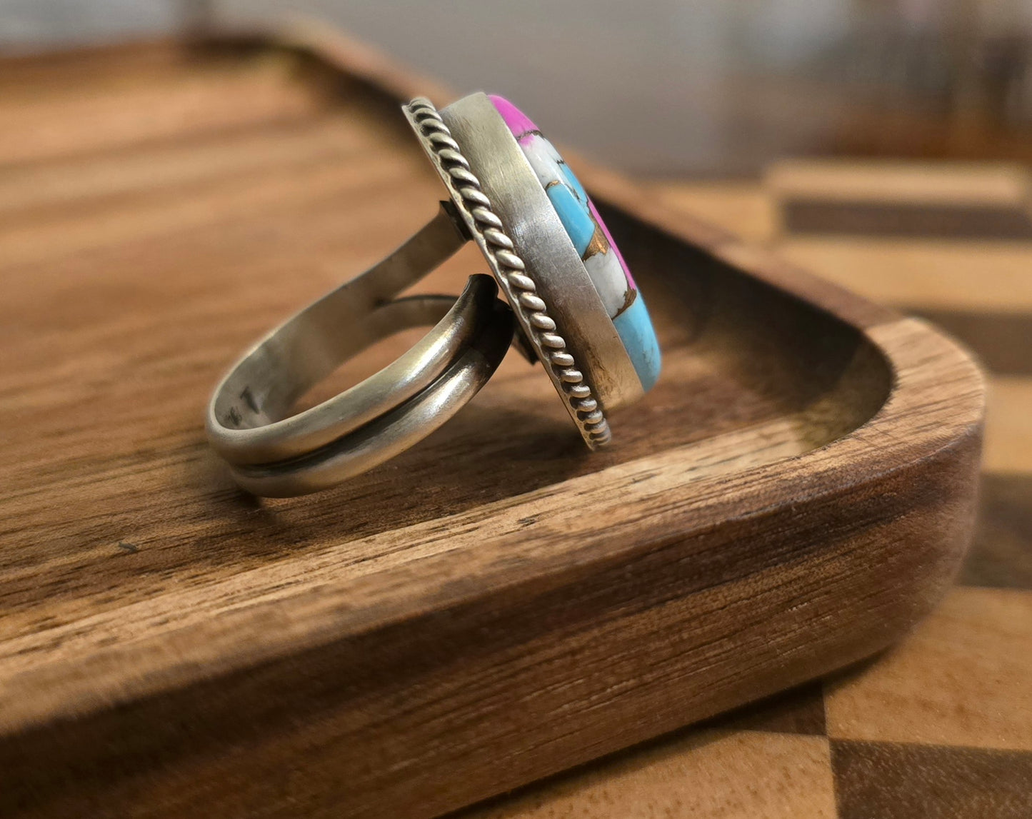 Cotton Candy Dahlia and Sterling Adjustable Ring