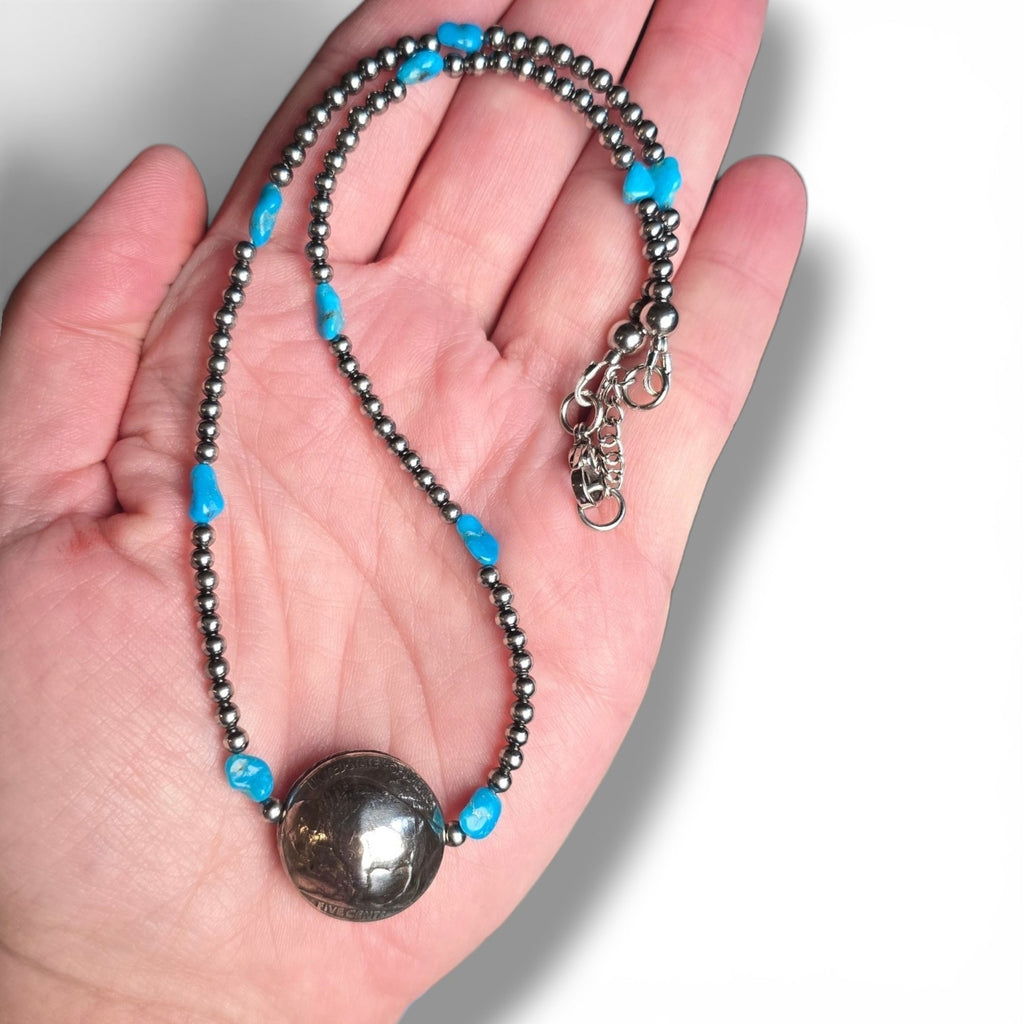 Reversible Indian Head/Buffalo Nickel, Sterling Pearls & Turquoise Necklace 15 - 16 inches
