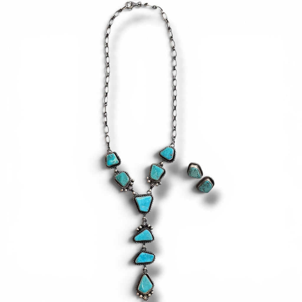 Native Made Kingman Turquoise & Sterling Lariat Plus Earrings Set
