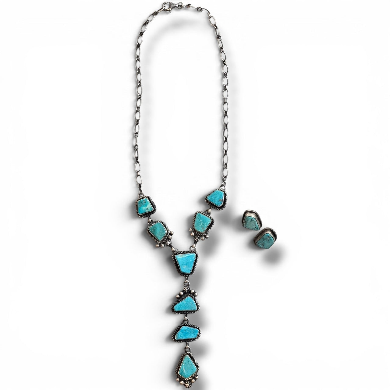 Native Made Kingman Turquoise & Sterling Lariat Plus Earrings Set