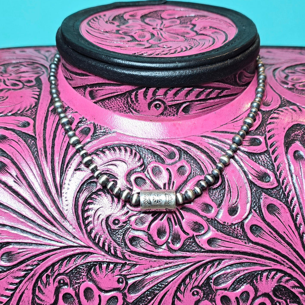 Sterling Barrel Bead 16 inch Sterling Pearl Necklace