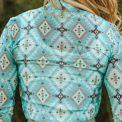 Turquoise Aztec Print Long Sleeve Mesh Top *XL-3XL