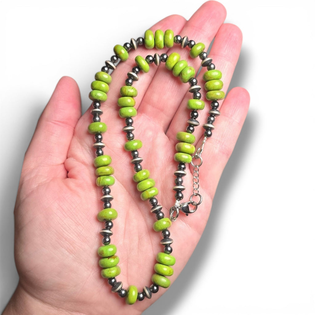Kingman Mine Green Mojave Turquoise, Sterling Saucers & Hematite 18 inches