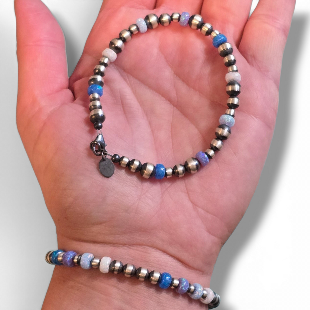 Fire Opal & Sterling Pearl Bracelet 7.5 inches (lobster clasp)