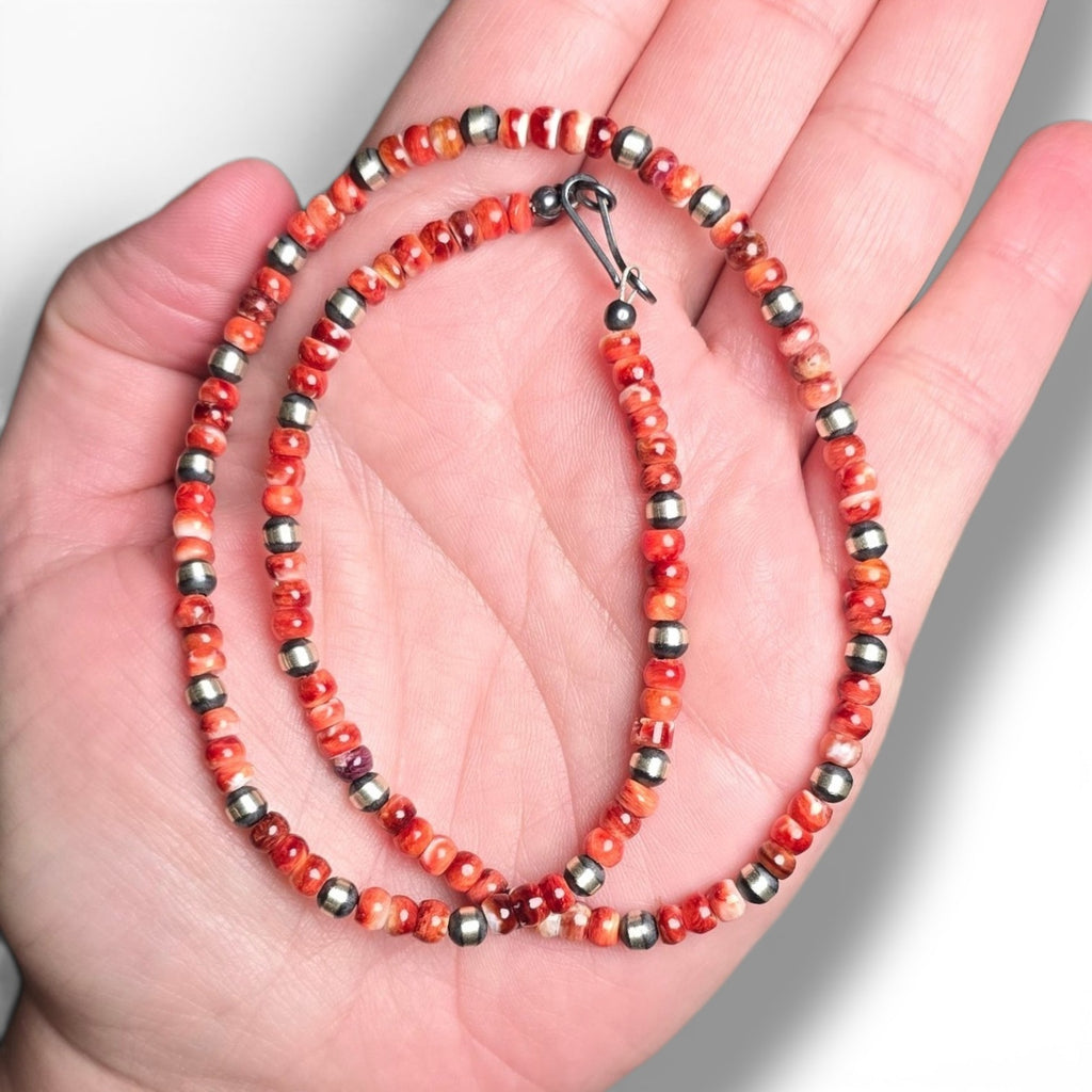 4mm Sterling Pearls & 4mm Red Spiny Oyster Beads Necklace 16 inches