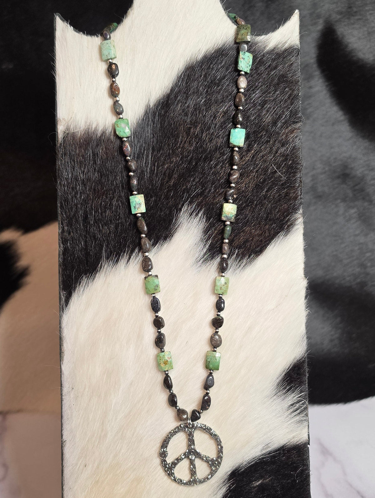Peruvian Turquoise, Black Opal & Sterling Pearls Peace Necklace 22 inches