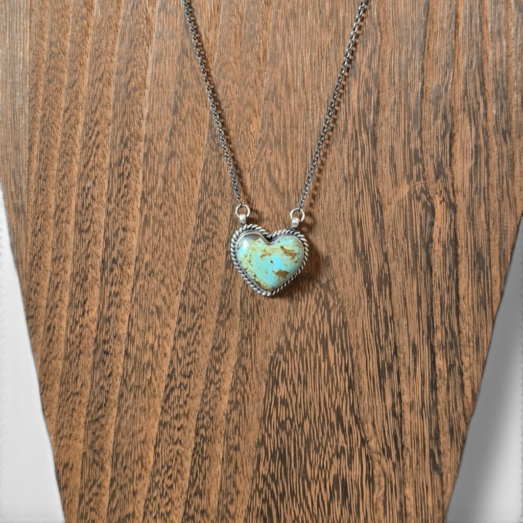 Native Made #8 Turquoise & Sterling Heart Necklace 16.75 inches (Large)