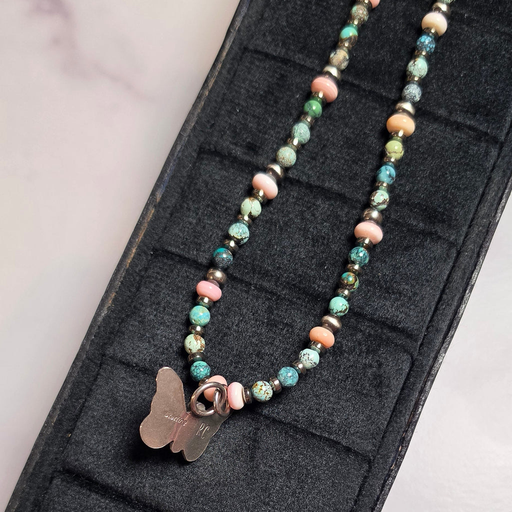 Sterling Butterfly, Pink Conch, Sterling Pearls & Turquoise Necklace 15-16 inch