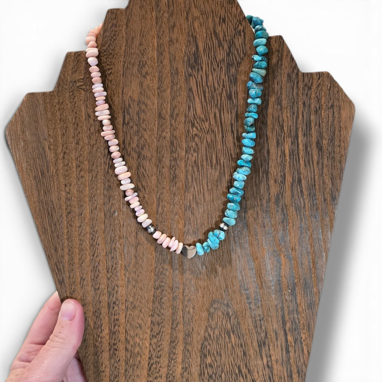 Pink Conch, Turquoise & 6mm Sterling Pearls Duo Heart Necklace 14.5 to 16 inches