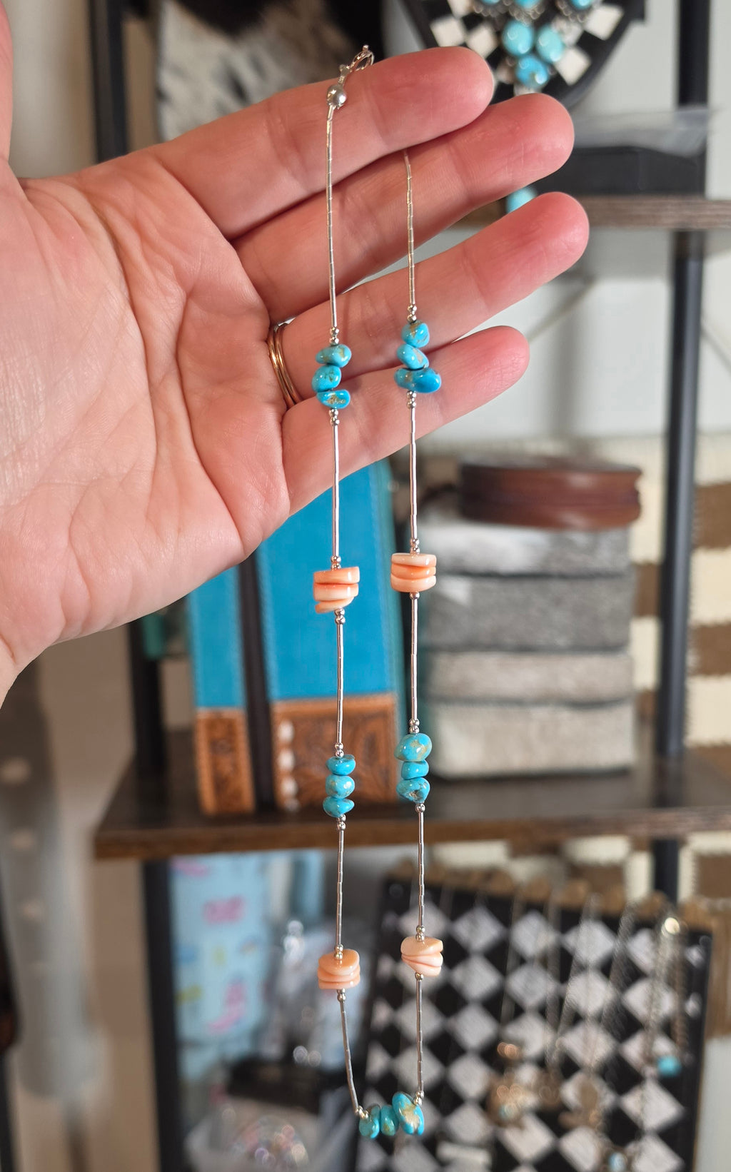 Turquoise, Pink Conch & Liquid Silver Necklace 18 inches