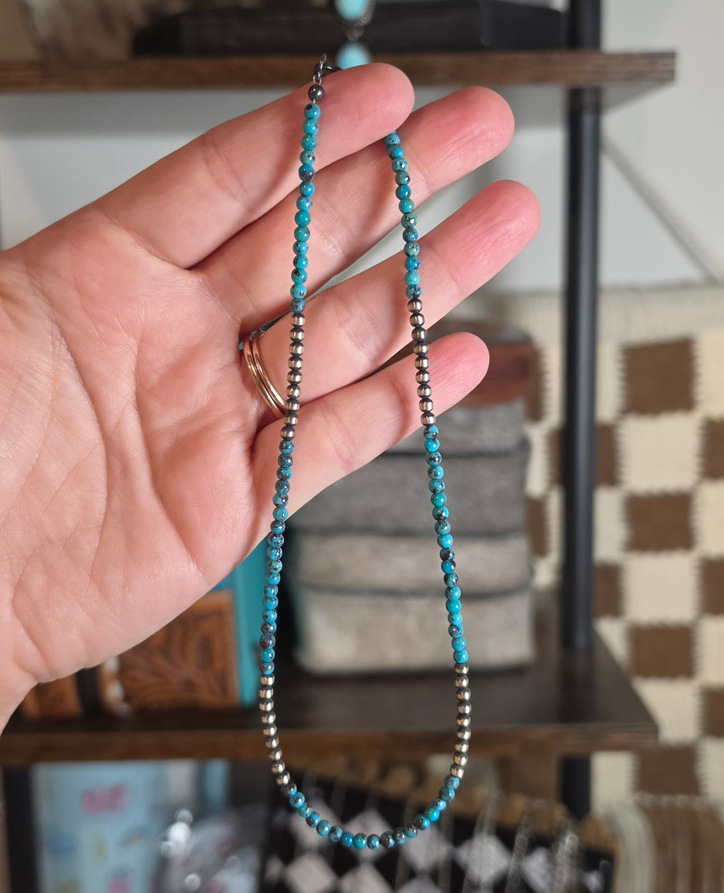 3mm Sterling Pearls & 3mm Turquoise Necklace 14 inches