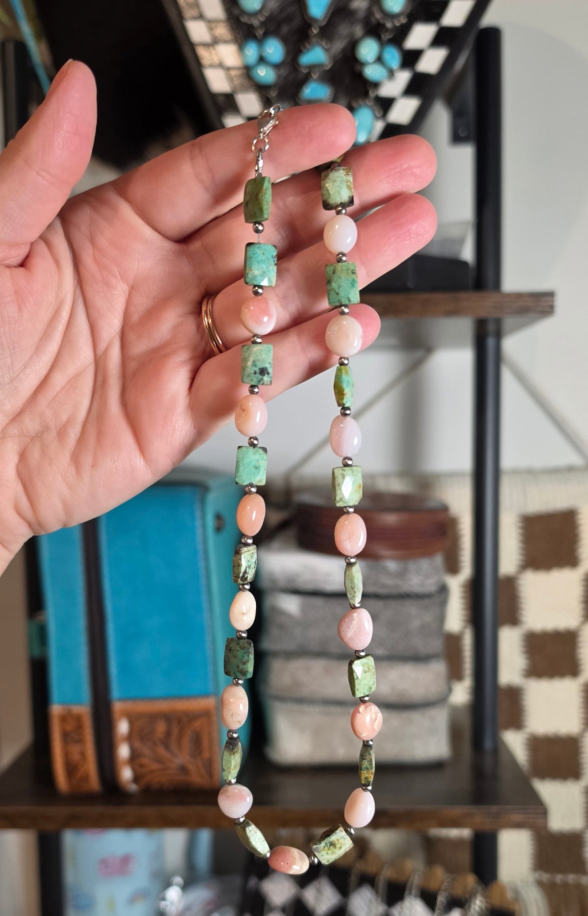 Pink Opal, Turquoise & Sterling Pearls Necklace 17-18 inches