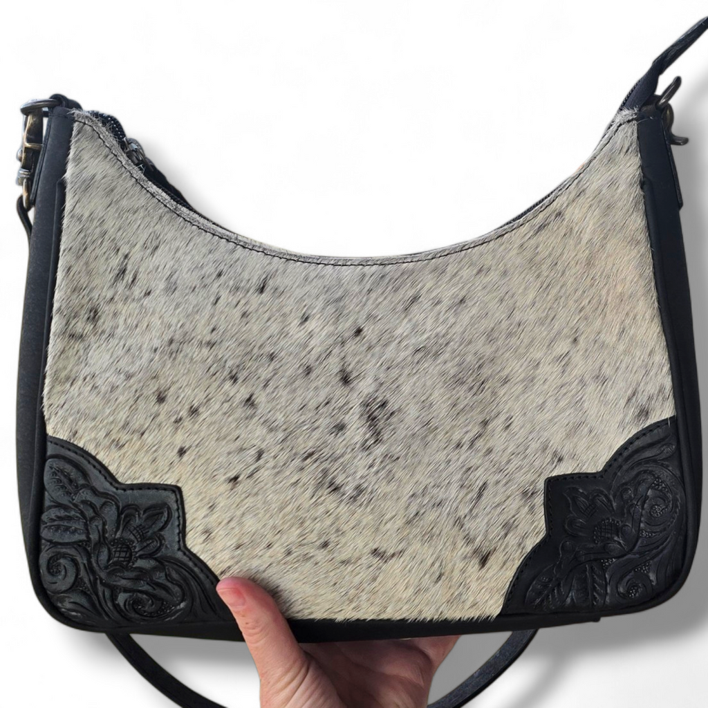 2 Ways to Wear Black Tooled Leather & Cowhide Shoulder Bag