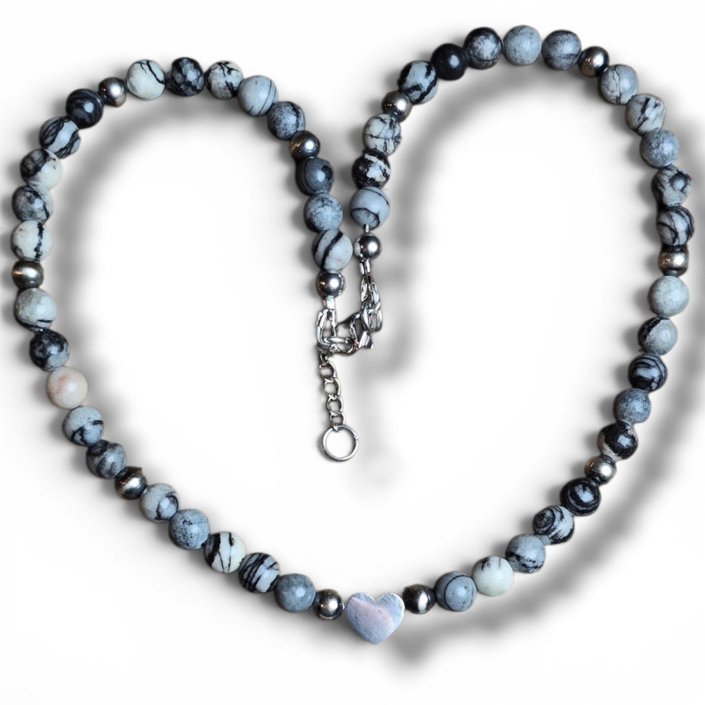 5mm Sterling Pearl Necklace & Black Water Jasper 15-16 inches
