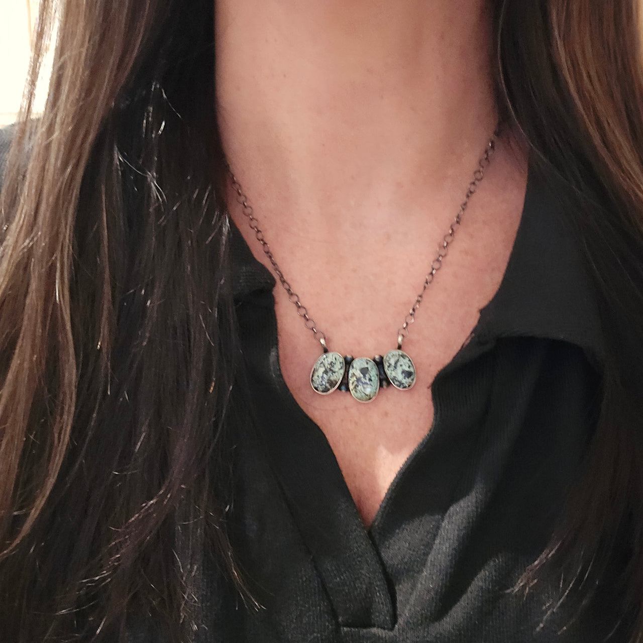 LeTricia Largo Blackjack Turquoise & Sterling Cluster Bar Necklace