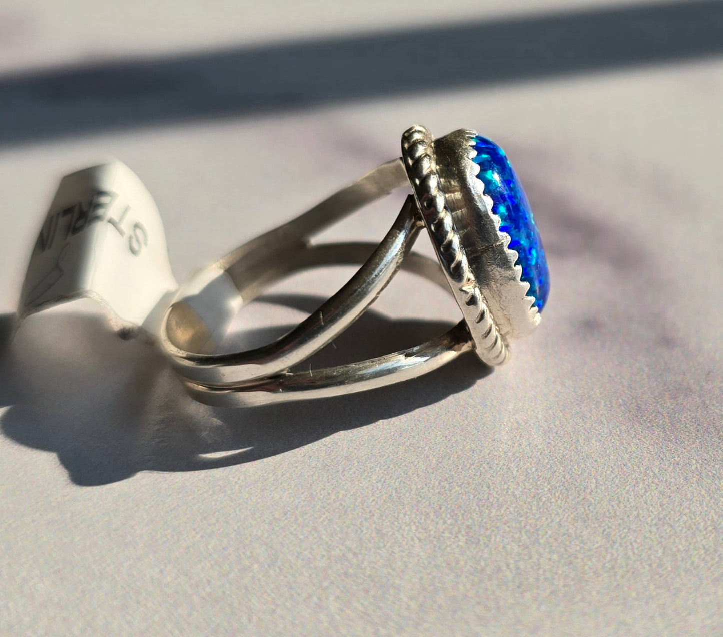 Man Made Blue Opal and Sterling Ring Size 7